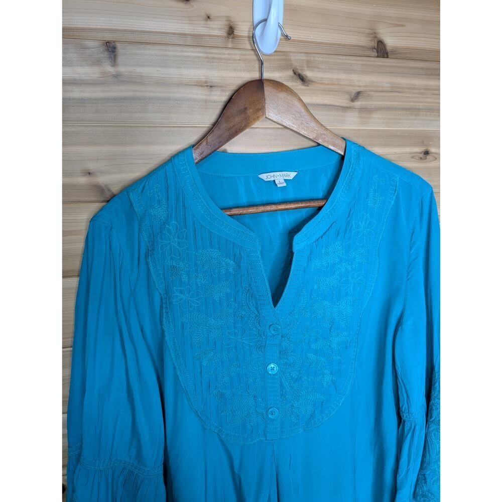 John Mark Top Womens Large Teal Embroidered Boho‎ Blouse - Picture 2 of 10